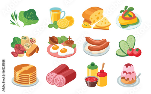 Collection of delicious food items and breakfast dishes