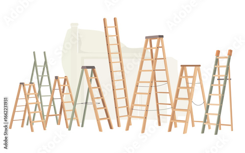 Collection of various wooden and metal ladders arranged against a white background