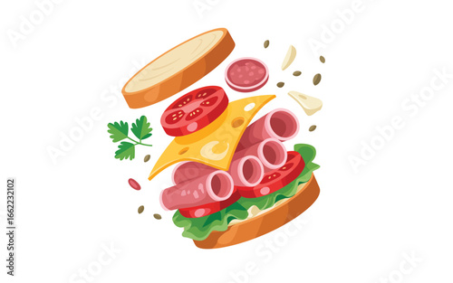 Exploded view of a delicious sandwich with flying ingredients