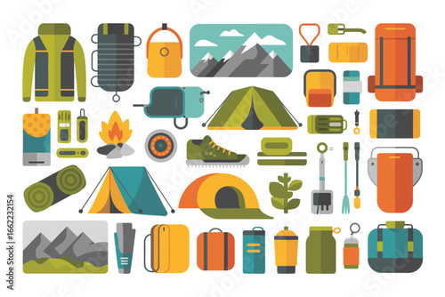 Collection of camping and hiking gear and equipment for outdoor adventures