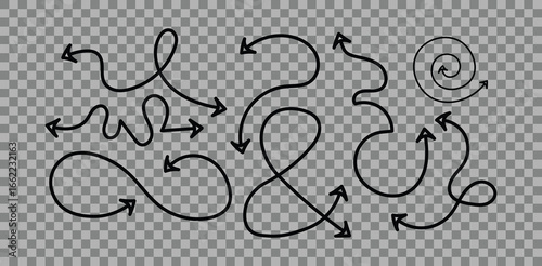 Illustration of multiple black curved arrows pointing in different directions on a transparent background
