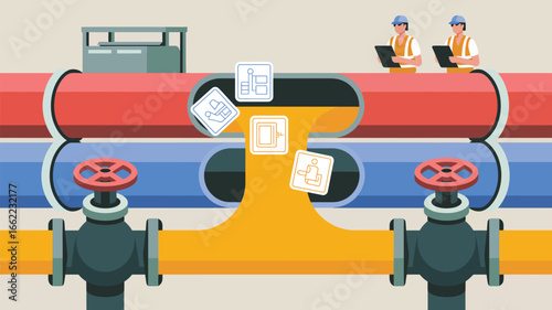 Illustration of two workers inspecting red and blue pipes with valves and yellow liquid flowing through