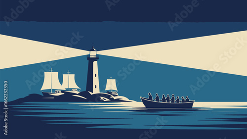 A lighthouse shining its light on ships and a boat with people on the ocean in a minimalist style