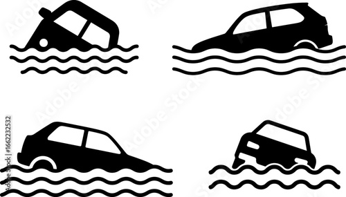 Flooded Cars Icon Set - Vehicles Partially Submerged in Water Symbols for Disaster Relief, Insurance Claims, and Environmental Awareness Materials
