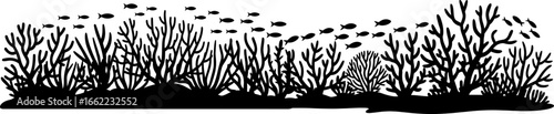 Coral Reef with School of Fish in Monochrome Outline | Underwater Marine Ecosystem Illustration for Biology Education and Marine Conservation Awareness