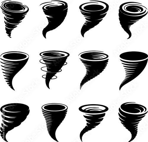 Tornado Silhouette Collection - Vector Set of Black and White Storm Icons for Weather Forecasts, Natural Disaster Awareness and Graphic Design