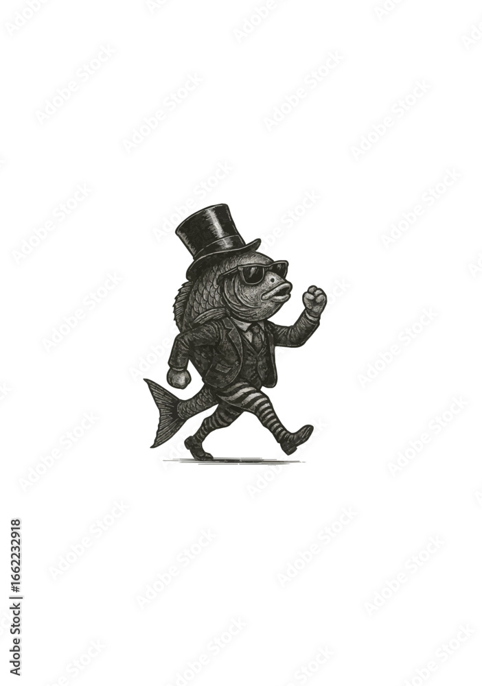 Fototapeta premium Vintage Engraving Illustration of Anthropomorphic Fish Character Dressed in Suit, Sunglasses, and Top Hat Walking in Surreal Comic Style