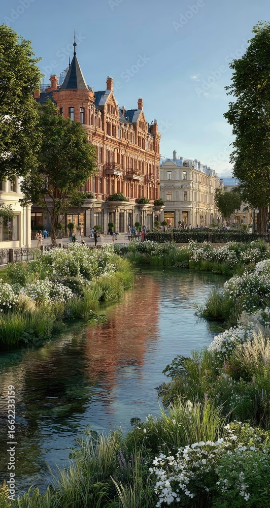 Obraz premium Picturesque canal running through a European town. Lush greenery, charming buildings, and a calm reflective water's edge