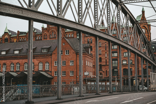 arch bridge and historic brick warehouses in Hamburg's Speicherstadt