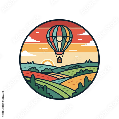 A hot air balloon floats over a colorful landscape with rolling hills under a vibrant sunset sky.