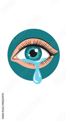 Human eye crying blue water tears droplet close up illustration isolated on white