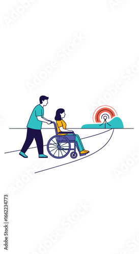 Person in wheelchair receives medical care and assistance from helper