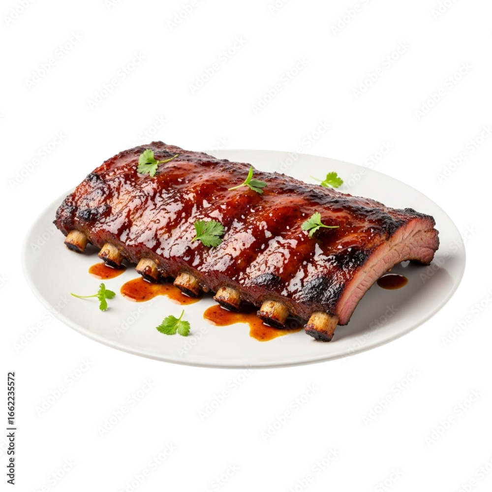 A rack of glazed ribs garnished with cilantro on a white plate with sauce drippings on the plate surface on transparent background A rack of glazed ribs garnished with cilantro on a white plate with sauce drippings on the plate surface on transparent background
