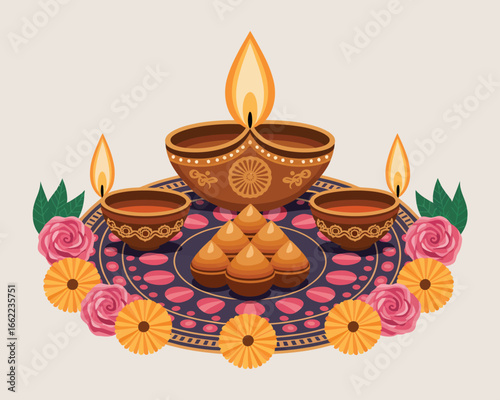 Flat design illustration of a traditional diwali puja setup with decorative elements