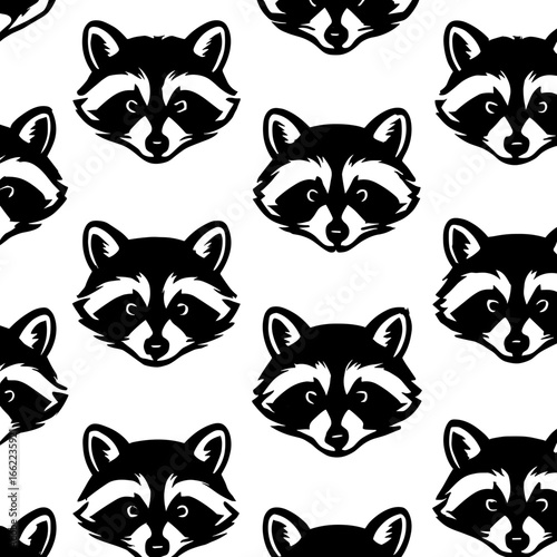 Seamless pattern of raccoon faces, offering a versatile design element. Perfect for various creative projects. 