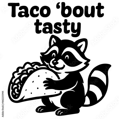 A charming raccoon proudly clutches a delectable taco, promising a flavorful experience. A delicious taco is being offered by cute racoon, creating fun and eye-catching design.