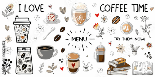 Coffee Time Doodle Art With Menu And Books illustration