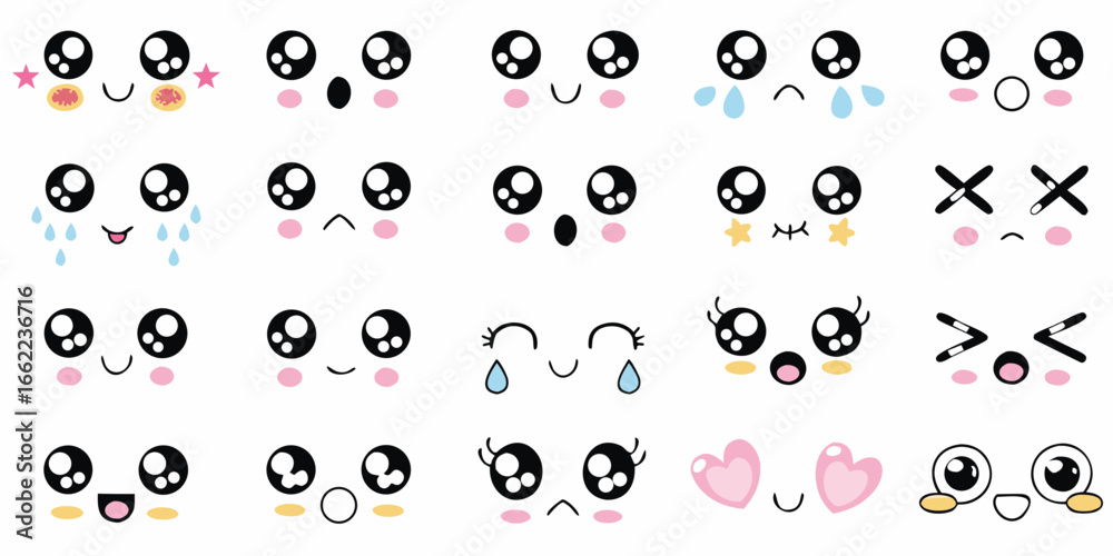 Naklejka premium Kawaii Face Emoticons Set With Different Emotions expression