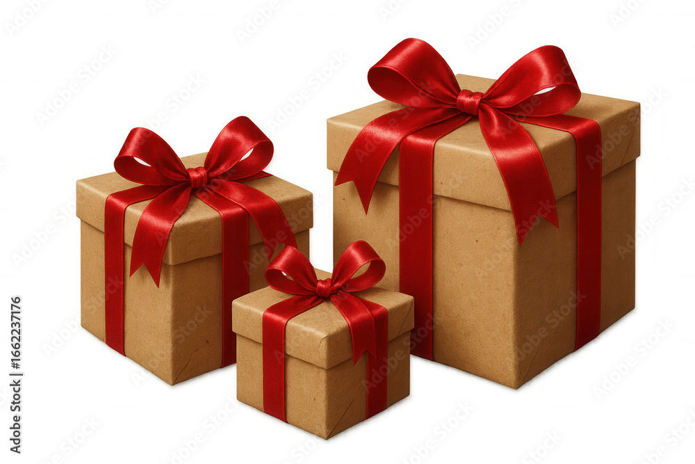 Fototapeta premium Festive cardboard gift boxes with red ribbons stacked, presenting holiday celebration anticipation