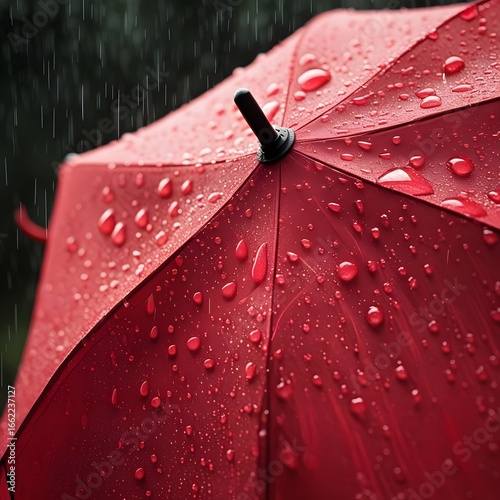 red umbrella with water droplets, rainy day, dark background, moody atmosphere, vibrant colors, detailed textures, dramatic lighting, high contrast, photorealistic, 4k resolution
