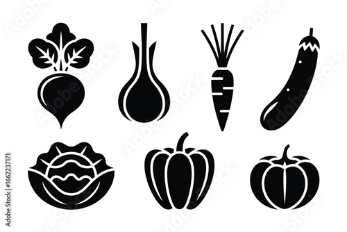 Collection of six different vegetable icons in silhouette style