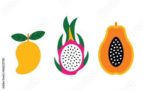 Vibrant tropical fruits mango dragon fruit and papaya isolated on white background