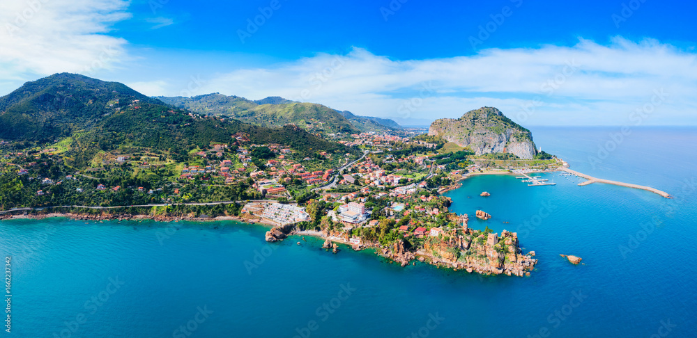 Fototapeta premium Cefalu city aerial panoramic view in Sicily, Italy