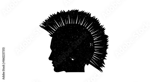 Grunge punk mohawk silhouette: edgy profile with spiky hair and distressed texture