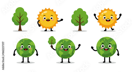 Cute emoticon earth, sun, and trees with happy faces and arms