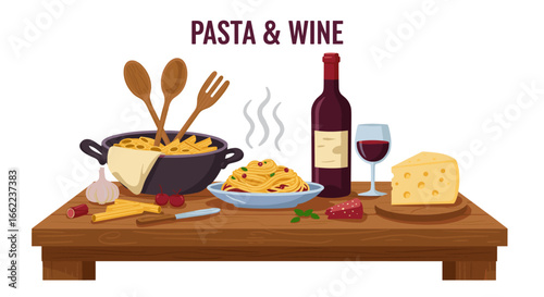 Delicious italian dinner with pasta, wine, and cheese on rustic table