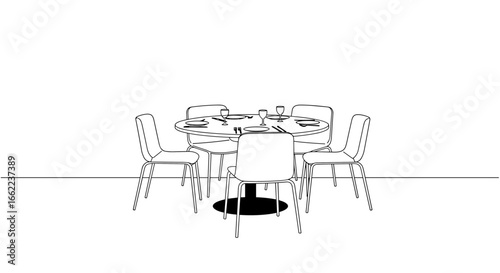 Minimalist dining room scene with round table and chairs in line art style
