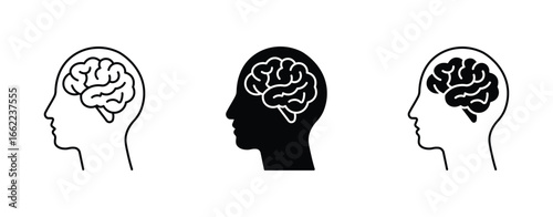 Human head with brain outline and solid silhouette icon set  .