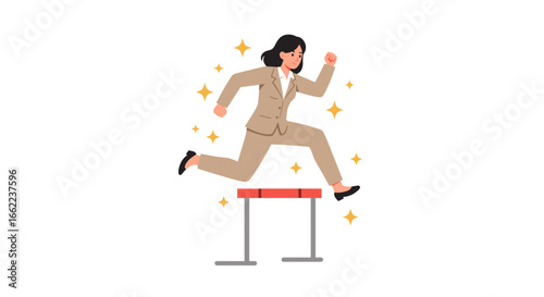 Businesswoman hurdling over obstacles in flat style