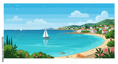 Serene coastal village with sailboat and rolling hills in bright sunlight