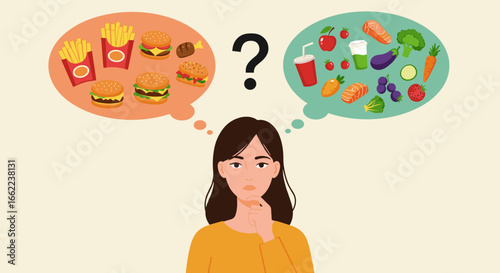 Woman contemplating fast food vs. healthy choices with thought bubbles