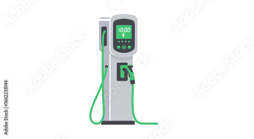 Modern electric car charging station with green cable on white background
