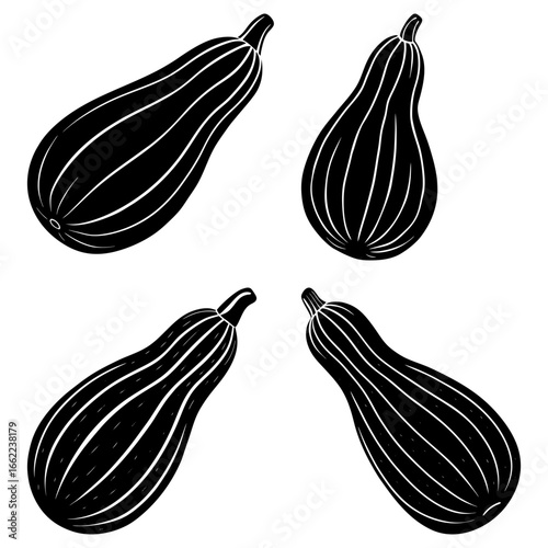Four black and white stylized zucchini vegetables arranged in a symmetrical pattern on white background
