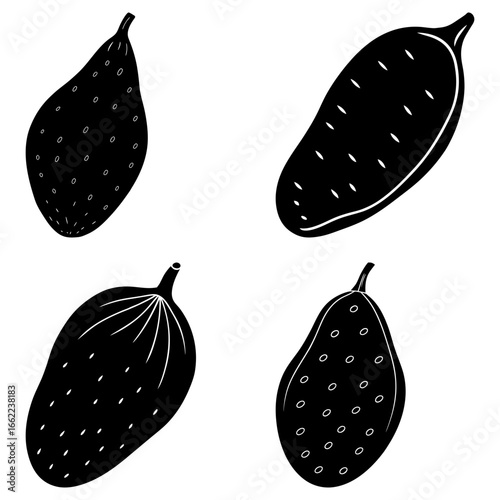 Four black and white drawings of prickly pears showcase unique shapes and textured skins in simple art