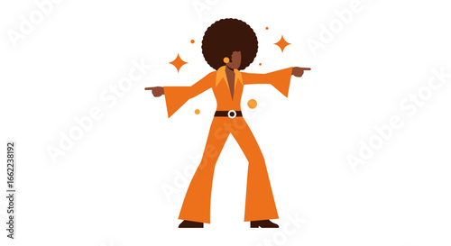 Retro disco dancer in groovy orange outfit with afro and bell bottoms