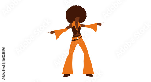 Retro silhouette of dancing woman in 70s disco fashion with orange outfit
