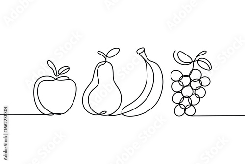 Continuous line drawing of apple pear banana and grapes on white background
