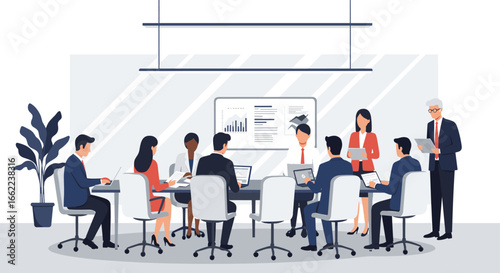 Corporate team meeting in modern office with business presentation