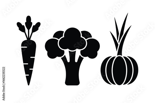 Black silhouette icons of carrot broccoli and onion vegetables on white background