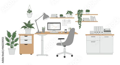 Modern home office workspace with desk, lamp, chair, and plants