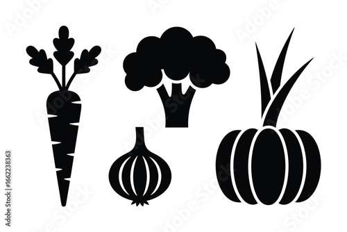Black silhouette icons of fresh vegetables carrot broccoli onion and pumpkin