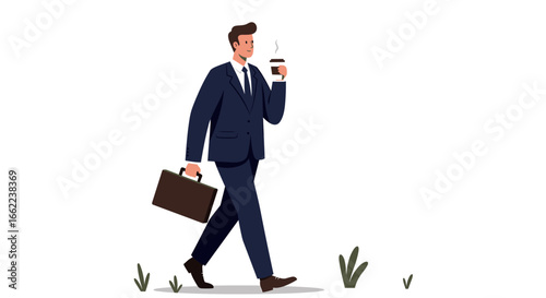 Business professional walking with coffee and briefcase in a minimalist style