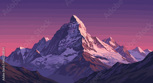 Majestic mountain peaks at sunset with dramatic shadows in flat art style
