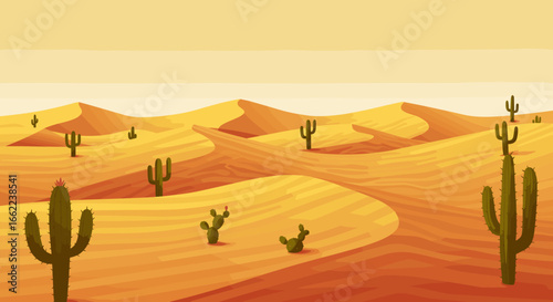Desert landscape with cacti and sand dunes in warm sunset colors
