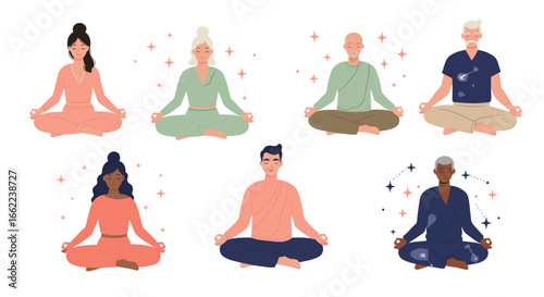 Diverse meditation practitioners in cosmic and pastel outfits practicing yoga on transparent background