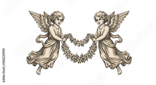 Vintage cherubs holding floral garland in classical style